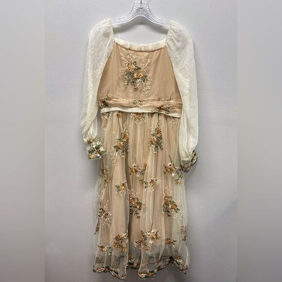 Maizishule Beige Floral Embroidered Midi Dress | Boho Sheer Long Sleeve Size L - Picture 3 of 16